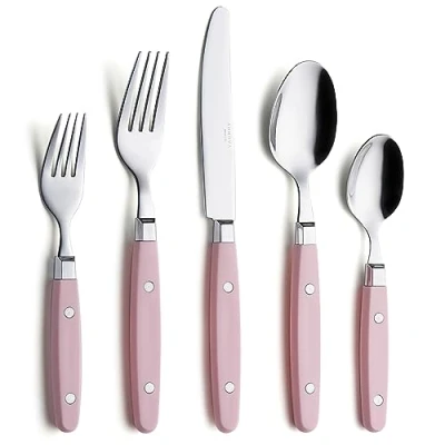 Immagine di Annova, set di posate in acciaio inox con manico colorato rivetto/posate stile retrò (Light Pink, 20 Pieces)