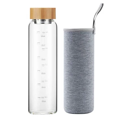 Immagine di sunkey Borraccia 1 litro in Vetro Borosilicato per Acqua Riutilizzabile con Tappo di Bambù e Custodia senza Bpa (Grigio)