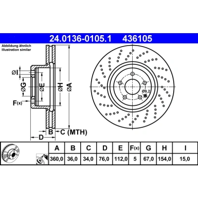Immagine di ATE 24.0136 0105.1 Disco freno 360,0 36,0 5 112,0 perforato/ventilazione interna rivestito legato /ad alto tenore di carbonio