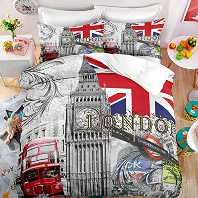 Immagine di WQIZXCW Set Copripiumino Matrimoniale Londra, Copri Piumino 260x240 cm con Cerniera e 2 Federe 50x80 cm, di Biancheria da Letto 3 Pezzi in Microfibra