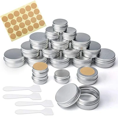 Immagine di 20 contenitori vuoti per cosmetici in 3 misure, barattoli alluminio con coperchio a vite, etichette e mini spatola, campioni balsamo labbra, candele, crema, campione, polvere, 10 ml, 5 ml)