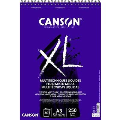 Immagine di Canson XL Fluid Mix Media album per colori fluidi spiralato lato corto 250g/m grana liscia A3 30 fogli, extra bianco