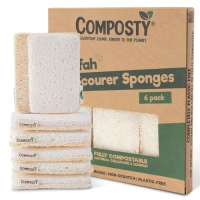 Immagine di Spugne ecologiche pluripremiate in luffa, confezione da 6, compostabili, biodegradabili, sostenibili, prive di plastica, 100% naturali, a lunga durata, piantato un albero