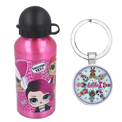 Immagine di OM SUPPLIES LOL Characters Borraccia sportiva in alluminio da 400 ml, per vacanze, rientro a scuola, bambini, pranzo include portachiavi