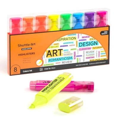 Immagine di Shuttle Art Evidenziatori a Penna, 8 Set Colori Assortiti, Punta Scalpello Asciugatura Rapida Evidenziatore Non Tossico per Adulti Bambini Evidenziare Casa Scuola Ufficio