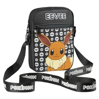 Immagine di Pokémon Borse a Tracolla per Bambini, Borsetta con Tasche, Borsello Versatile Scuola Viaggio Unisex Bambini Pikachu Gadget (Nero Eevee)