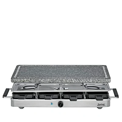 Immagine di Spring CLASSIC Raclette 8 persone, piastra in granito, pietra calda con scanalatura per succo, padelle raclette, raschietti piano di appoggio, 48 x 27 14,5 cm, 1200 W,