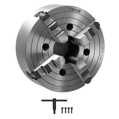 Immagine di VEVOR Mandrino per Tornio a 4 Griffe, Diametro Esterno da 250 mm Autocentrante, Intervallo di Serraggio 15 con Viti Fissaggio Chiave T, Griffe Reversibili, Materiale HT300