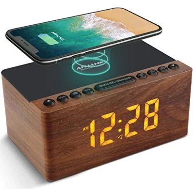 Immagine di ANJANK Radiosveglia Digitale da Comodino con Radio FM,in Legno Stazione di Ricarica Wireless Veloce 10W per iPhone/Samsung Galaxy,Sveglia Display LED,Dimmer a 5 Livelli,Porta USB