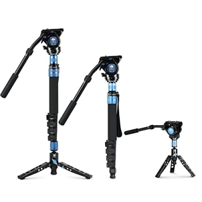 Immagine di SIRUI P 325FS Monopiede in Fibra di Carbonio con Piedini per Fotocamera, Portatile Mnopiede Fotografico Professionale a 5 Sezioni Testa Video Fluida VH 10 Videocamera, Carico Massimo 10kg