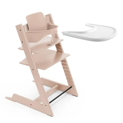 Immagine di Seggiolone Stokke Tripp Trapp (Serene Pink) con vassoio (Bianco) Include sedia Trapp, Baby Set 2 per bambini da 6 a 36 mesi e Regolabile, ergonomico facile pulire