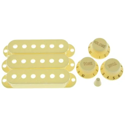 Immagine di Dopro ST Strat Pickup Covers Knobs and 5 Way Switch Tip Cap Aged White