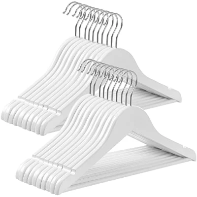 Immagine di SONGMICS Set di 20 Grucce Bambini in Legno Massello, per Bambini, con Barra Appendiabiti, Scanalature, Gancio Girevole a 360, Lunghezza 35 cm, Bianco e Argento CRW06W