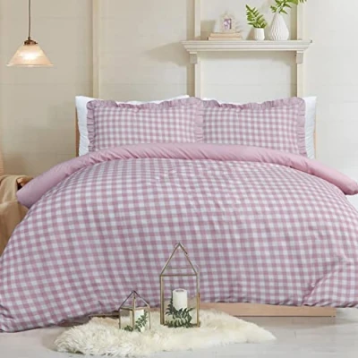Immagine di Sleepdown Set copripiumino reversibile, motivo in tinta unita a quadretti, morbido e facile da pulire, con federe bordo increspato, per letto super king size, 260 cm x 220 cm, colore rosa
