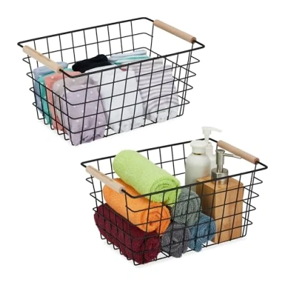 Immagine di Relaxdays Cassette con Chiavi di Emergenza Martelletto Rompivetro Cestino Metallico Portaoggetti a Rete, Set 2 Cesti Manici in Legno, Rettangolare, HLP 16x31x21 cm, Nero, 16 x 31 21 cm