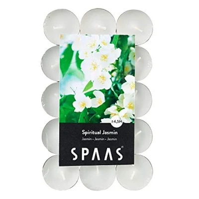 Immagine di Spaas 30 lumini profumati in Confezione Piatta, ± 4,5 Ore Gelsomino, Cera di paraffina, Tazza Alluminio, Bianco, Spiritual Jasmine, unità