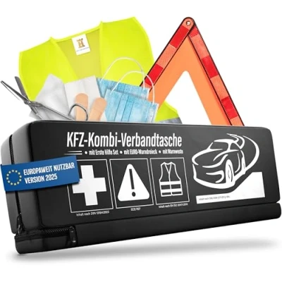 Immagine di HELDENWERK Set di pronto soccorso 3 in 1 per auto 2024, utilizzabile e testato tutta Europa (conforme alle norme locali vigenti), borsa combinata con giubbotto avvertimento, triangolo