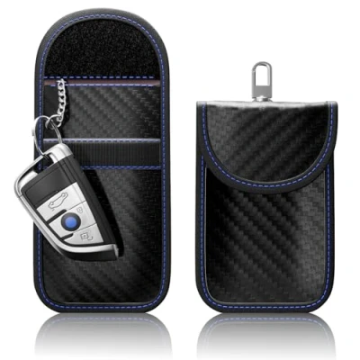 Immagine di FOAMO Keyless Go 2 chiavi per auto, con schermatura RFID, in carbonio, colore nero e blu