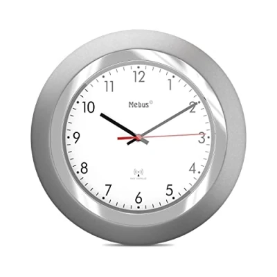 Immagine di Mebus Funk Wanduhr/klassisches Model/silberner Rahmen/weißes Zifferblatt / 24cm Durchmesser/Rund/Funkuhr (DCF77) Modell: 19452 Farbe: Silber, Weiß