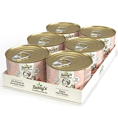 Immagine di Betty&#039;s Barattolo da cucina in stile rustico, per cibo umido, senza cereali, di ottima qualità, tutte le razze gatti, pollo e salmone, 6 x 200 g