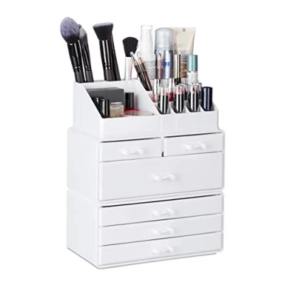 Immagine di Relaxdays Contenitore per Cosmetici a 6 Cassetti, 22 Scomparti, Make Up Organizer, Porta Trucchi, Acrilico, Bianco, 29 x 23,5 14 cm