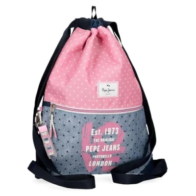 Immagine di Pepe Jeans Joumma Bags Zaino da scuola, blu e rosa, in poliestere, spallacci regolabili, per un comodo trasporto, vari scomparti, con portachiavi pompon, multicolore, sacco