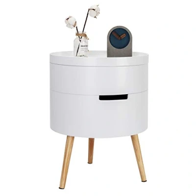 Immagine di WOLTU TS50ws 1 Comodino Rotondo Contenitore Organizzatore da Letto Tavolino Salotto in Legno Bianco