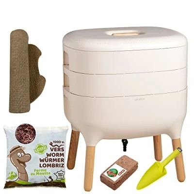 Immagine di Moutta Urbalive 2 vassoi Avorio, Kit Completo I Vermicompostaggio Design 500g di Vermi Lombrichi / 1000 pz. Substrato Iniziale Stuoia Canapa + Pala Interno, Balcone e Giardino