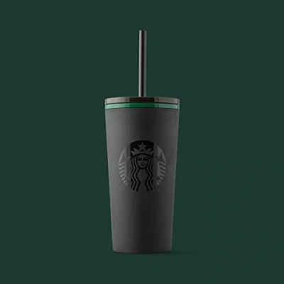 Immagine di Starbucks Bicchiere termico con cannuccia, nero opaco bordo verde, 355 ml