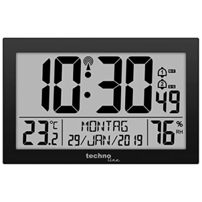Immagine di Technoline 8016 WS8016 Orologio radio da parete con indicatore di temperatura, in plastica, nero, 225 x 143 24 mm, WS8016, mm