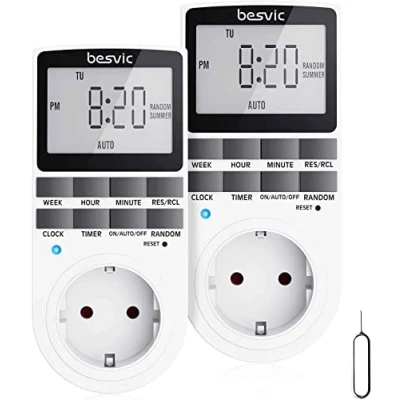 Immagine di Besvic Timer Presa Elettrica Digitale, Set of 2 Spina Temporizzata Programmabile con 10 Programmi, Modalità Casuale Antifurto, Risparmio di Energia per Elettrodomestici (16A/3680W)