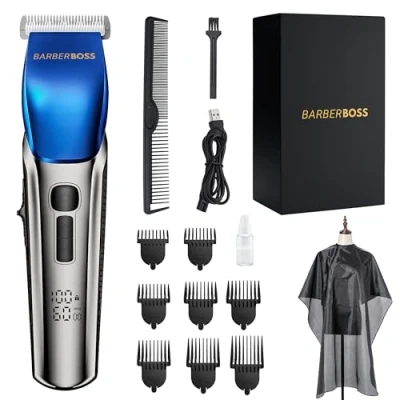 Immagine di BarberBoss Tagliacapelli da uomo, Regolabarba 4 impostazioni di velocità, Lama in ceramica, 8 pettini accessori, Display LED, Carica USB, Impermeabile, Kit per la cura dei capelli, QR 2083
