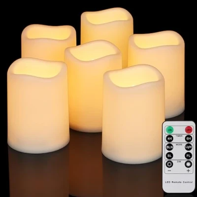 Immagine di FREEPOWER 6 candele LED impermeabili per esterni, con timer, telecomando, senza fiamma, funzionamento a batteria, luce bianca calda, diametro 7,5 x 10 cm