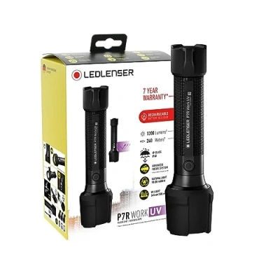 Immagine di Ledlenser P7R Work torcia UV LED ricaricabile con ausiliaria, super luminosa, 1200 lumen, impermeabile, antimacchia, 365 nm, professionale per fari, batteria fino a 60 ore