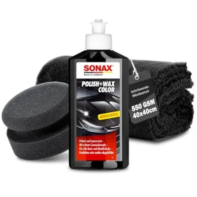 Immagine di set lucidante per auto, Sonax Polish &amp; Wax Color nero, 250 ml, spugna lucidatura + panno lucidatura, pasta vernici colorate e metalliche la rimozione di piccoli graffi,