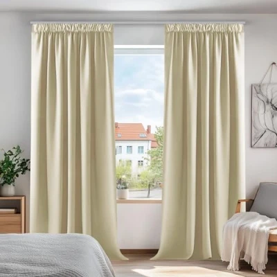 Immagine di Deconovo Surper, tende oscuranti con pieghe a matita, morbide, colore beige, termiche isolanti per cucina, 140 x 260 cm, una coppia