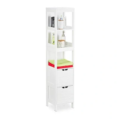Immagine di Relaxdays Mobiletto da Bagno, Armadietto a Colonna, 144 x 30 cm, 2 Cassetti, 3 Scaffali, Terra, Rustico, Bianco