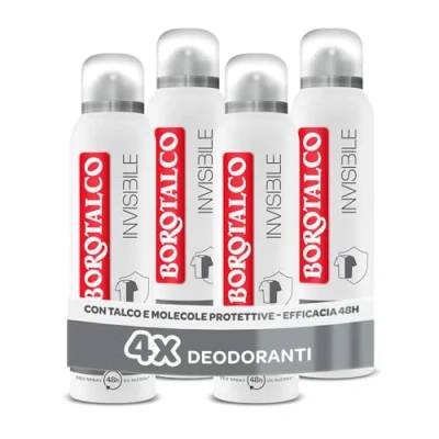 Immagine di Borotalco, Deodorante Spray Invisibile Grigio, con Talco Effetto Barriera, Cattura e Non Trasferisce Aloni, 48h efficacia, Senza Alcool,Profumo Classico 4 Pezzi da 150 ml Esclusiva Amazon