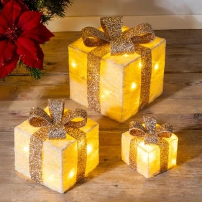 Immagine di Set di 3 scatole regalo a LED con timer, colore crema, decorazione natalizia, luce bianca calda, illuminazione natalizia