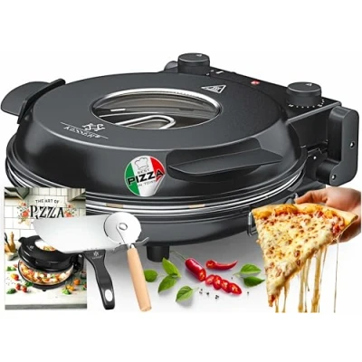 Immagine di KESSER® Forno elettrico per pizza fino a 400 gradi, 1200 W, con piastra in pietra refrattaria e timer, diametro 32 cm, 5 livelli di calore finestra visualizzazione, tagliapizza ricettario