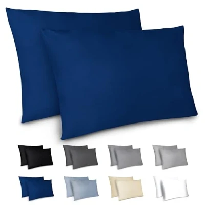Immagine di Dreamzie Federe Cuscino Letto 40x80cm Set da 2 in Microfibra Spazzolata con Cerniera Certificate Oeko Tex Cuscini Matrimoniale Blu Scuro