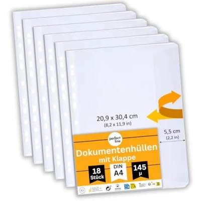 Immagine di perfect line 18 Buste per documenti con chiusura DIN A4, Bustine trasparenti cristalline, lisce, extra resistenti, robuste, prive di acidi, valide ufficiali