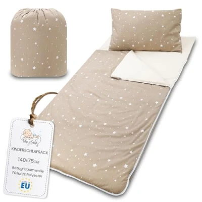 Immagine di sacco a pelo per bambini con cuscino e cerniera da 3 7 anni 140 x 75 cm interni asilo scuola materna coperta integrata Oeko Tex Beige stelle bianche