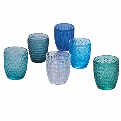 Immagine di Set 6 bicchieri acqua 350 ml in pasta di vetro colorato trasparente, Geometrie Ocean