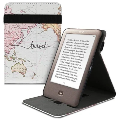 Immagine di kwmobile Custodia Cinturino Mano Compatibile con TolinoShine (2013) Cover eReader Stand Nero/Multicolore Mappa del Mondo
