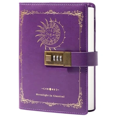 Immagine di Constellation Diario in pelle con serratura, motivo: luna zodiacale e sole, per scrivere, quaderno B6 carta a righe donne uomini (viola)