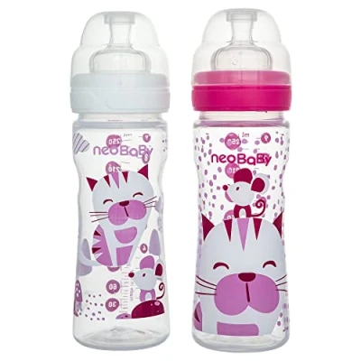 Immagine di Neobaby Biberon in Polipropilene Collo Largo con Tettarella Silicone 250 ml, Rosa, Flusso Regolabile, 2 Mesi +, 1 Pezzo