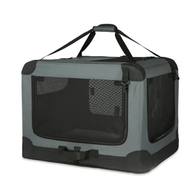Immagine di Amazon Basics Trasportino portatile e pieghevole a 4 porte, per cani gatti, da viaggio, con lati morbidi, L, Grigio, 91 x 61 cm