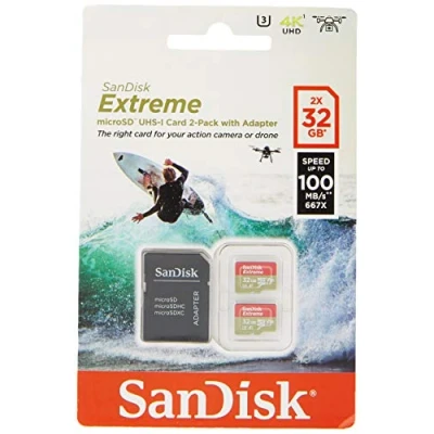 Immagine di SanDisk Extreme 32 GB microSDhC Memory Card for Action Cameras and Drones with A1 App Performance up to 100 MB/s, Class 10, U3, V30 Twin Pack