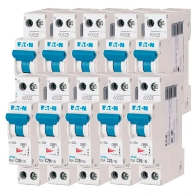 Immagine di EATON 264747 PLG4 C20/1N DISJONTTORE MODULAARE PH/N Bianco MANETTA BLU 1P+N / 20 a Curva C Connessione vite 10 interruttori